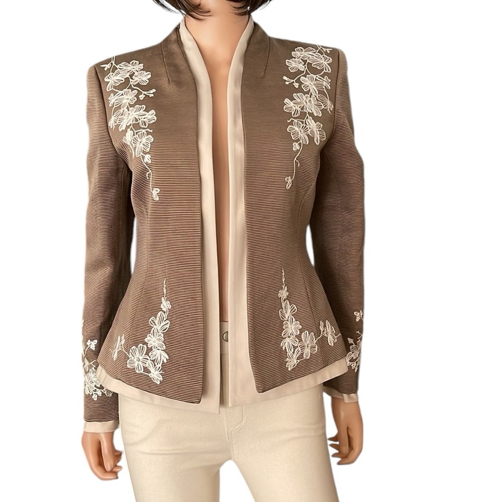 Vintage Ellen Tracy Cotton Silk Brown Embroidered Open Front Blazer Jacket